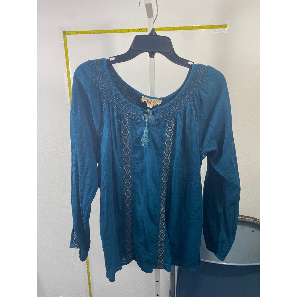 Vintage America Blues VAC Teal Blue Boho Embroidered Lace Peasant Blouse XL